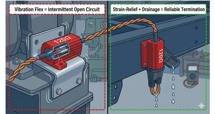 Comparison of failed J1939 terminating resistor with fractured solder joint from vibration versus correct installation with strain-relief boot and proper drainage orientation