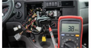 J1939 diagnostic connector multimeter measuring 38 ohms resistance indicating extra terminator failure