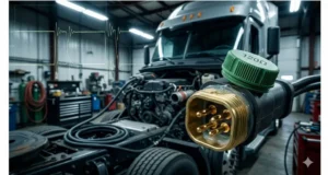 Green 120-ohm J1939 Deutsch DT termination resistor cap partially unscrewed on heavy-duty truck engine