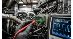 J1939 diagnostic multimeter measuring CAN High voltage on 9-pin Deutsch connector with oscilloscope in background
