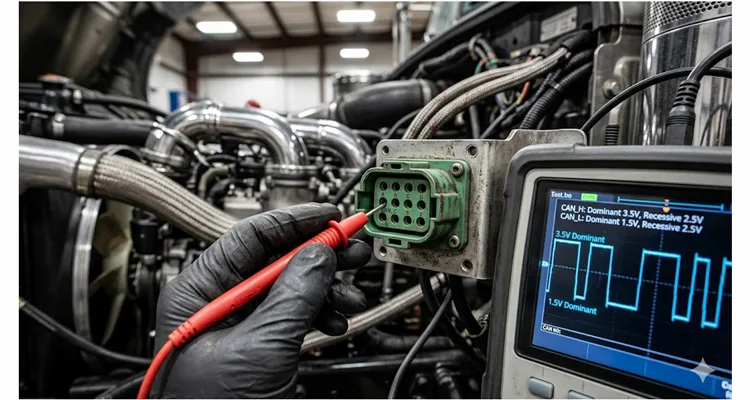 J1939 diagnostic multimeter measuring CAN High voltage on 9-pin Deutsch connector with oscilloscope in background