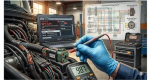 J1939 voltage drop field test with multimeter probing corroded Deutsch DT connector pin 3