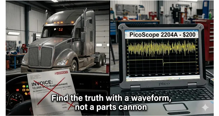 J1939 waveform analysis oscilloscope screen showing corrupted CAN signal with 60 Hz alternator ripple and ground offset fault causing misdiagnosed ECU replacement