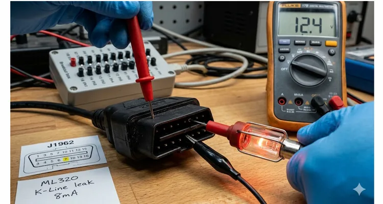 OBD-II connector pin 7 K-Line test light and probe connection for physical layer diagnostic check