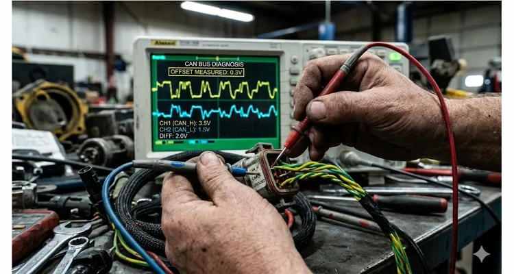Oscilloscope screen showing 0.3V DC ground offset on J1939 CAN_H and CAN_L waveforms during grid heater pulse on a Tier 4 wheel loader