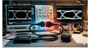 CAN FD eye diagram comparison showing 400-nanosecond edge rate degradation from 23°C to 65°C caused by parasitic capacitance in an OBD cable assembly