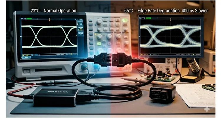 CAN FD eye diagram comparison showing 400-nanosecond edge rate degradation from 23°C to 65°C caused by parasitic capacitance in an OBD cable assembly