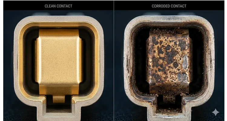 Microscopic comparison of Deutsch connector terminals showing healthy gold-plated socket versus socket with advanced fretting corrosion causing intermittent J1939 communication fault