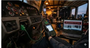 Technician diagnosing intermittent J1939 communication fault on heavy-duty truck using diagnostic scan tool and J1939 breakout cable at Deutsch 9-pin connector