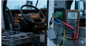 Multimeter reading 43 ohms across CAN-H and CAN-L on a J1939 backbone with spliced aftermarket telematics gateway, truck dashboard showing warning.