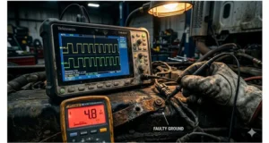 J1939 CAN bus common-mode voltage diagnosis showing oscilloscope differential waveform and multimeter ground offset measurement on a corroded engine ground strap