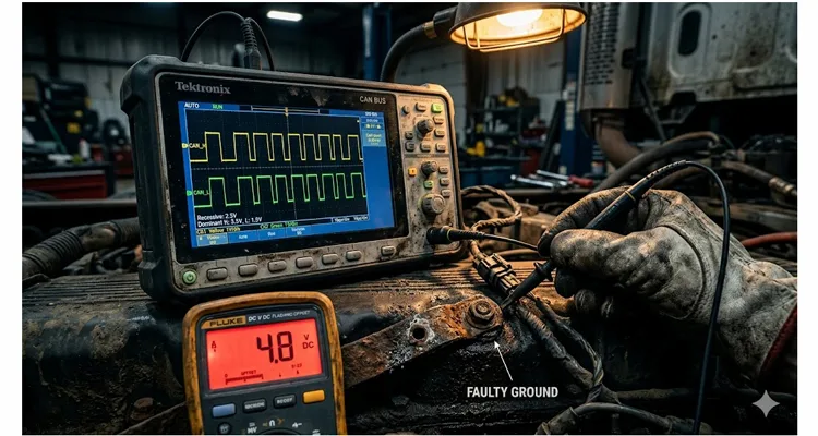 J1939 CAN bus common-mode voltage diagnosis showing oscilloscope differential waveform and multimeter ground offset measurement on a corroded engine ground strap