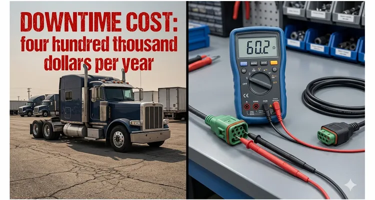 J1939 fleet maintenance ROI calculator — digital multimeter showing 60 ohm termination reading on 9-pin diagnostic connector with Class 8 truck in fleet yard background