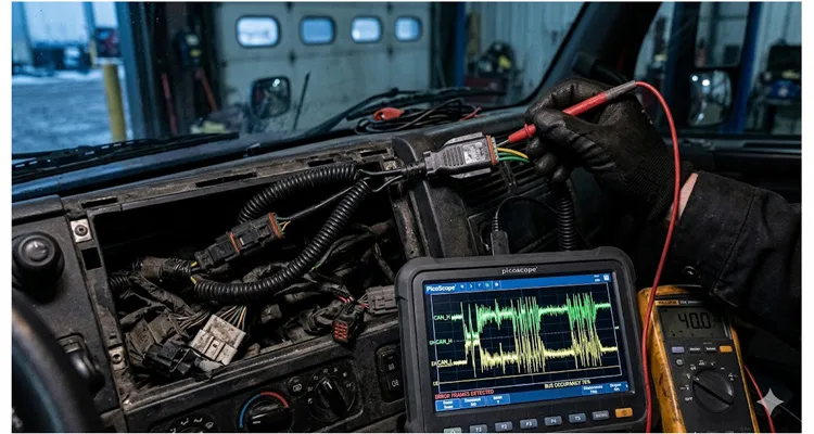 J1939 CAN bus termination noise waveform on oscilloscope with multimeter diagnosing aftermarket telematics integration fault