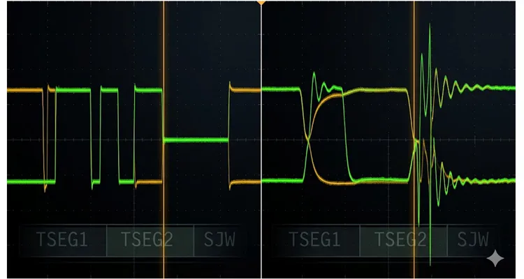 J1939 CAN bus oscilloscope waveform comparison showing correct 87.5% sampling point versus failed 75% sampling point with slow edge rates and ringing causing bit errors