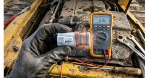 A J1939 terminating resistor cap being tested with a multimeter showing 60.2 ohms, half-frozen and half-heated to visualize thermal drift failure.