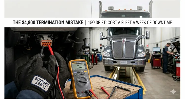Multimeter reading 75.3 ohms during J1939 termination resistance test on Kenworth T680 diagnostic connector