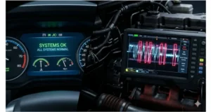 Oscilloscope showing distorted J1939 CAN bus waveform caused by a degraded transceiver that is still communicating