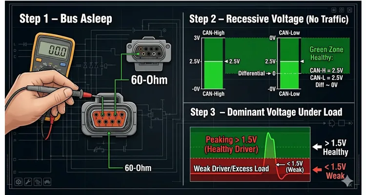 J1939 transceiver diagnostic measurement reference chart showing resistance check at 60 ohms, recessive voltage at 2.5V, and dominant differential voltage above 1.5V