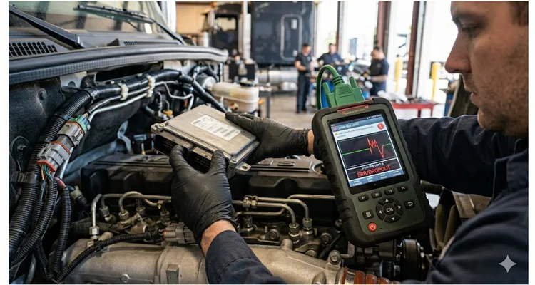 Technician performing J1939 wiggle test on heavy-duty engine ECU Deutsch connector while monitoring live bus load data on diagnostic scan tool