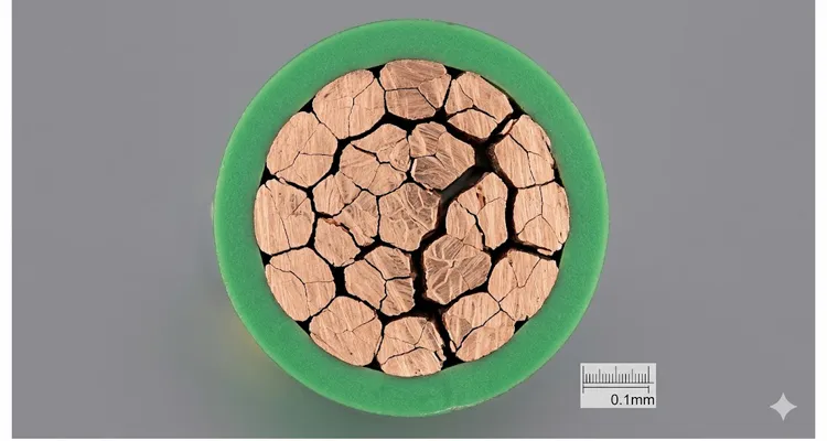 Cross-section of J1939 twisted-pair wire showing fractured copper grains inside intact insulation, the root cause of intermittent opens missed by continuity tests