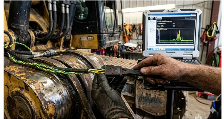 Technician performing systematic wiggle test on a J1939 Deutsch connector to locate an intermittent harness open in heavy equipment CAN bus