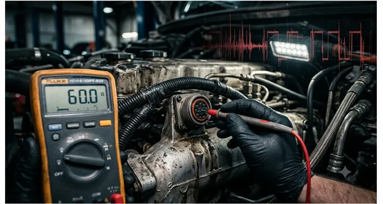 Close-up of a multimeter reading 60 ohms on a J1939 diagnostic connector, while an oscilloscope reveals hidden CAN bus signal glitches.