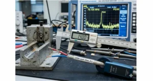 Shielded twisted-pair cable assembly on an EMC test bench with a 14 mm conductor length mismatch causing a 78 MHz common-mode noise spike