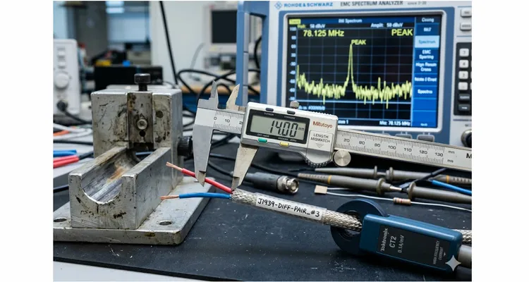 Shielded twisted-pair cable assembly on an EMC test bench with a 14 mm conductor length mismatch causing a 78 MHz common-mode noise spike