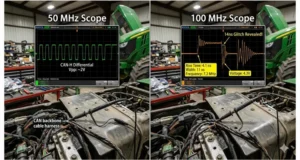 Oscilloscope comparison showing 50 MHz missing a 14 ns CAN bus glitch while 100 MHz captures it with 4.1 ns rise time