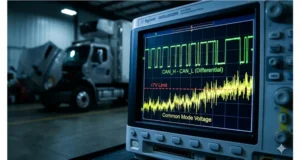 Oscilloscope screen showing common mode voltage shift exceeding +7V limit on a CAN bus, with clean differential signal trace above for comparison