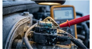 Failed 120-ohm CAN bus termination resistor with micro-crack inside a heavy-duty truck engine bay diagnostic connector, multimeter probe testing resistance.