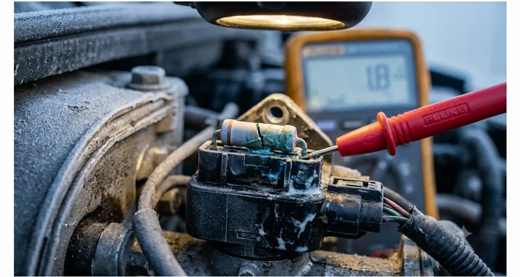 Failed 120-ohm CAN bus termination resistor with micro-crack inside a heavy-duty truck engine bay diagnostic connector, multimeter probe testing resistance.
