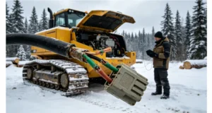 Corroded J1939 CAN harness at articulation joint of tracked feller-buncher in snow, causing intermittent SPN 639 FMI 9 fault.