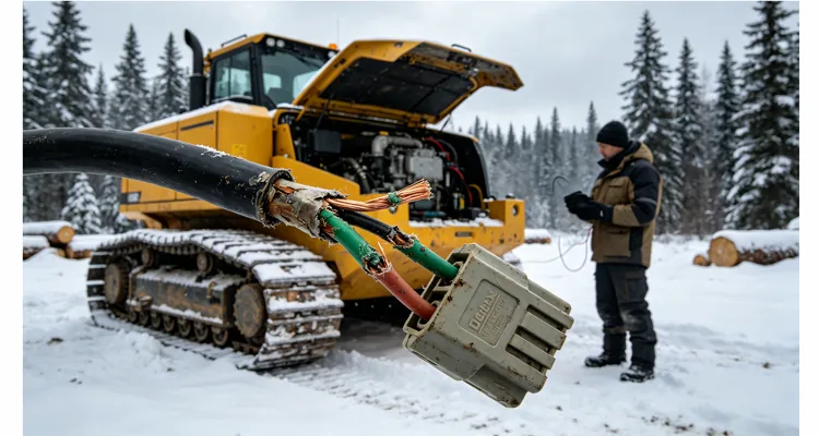 Corroded J1939 CAN harness at articulation joint of tracked feller-buncher in snow, causing intermittent SPN 639 FMI 9 fault.