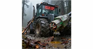 Forestry forwarder with J1939 network error and damaged Deutsch connector in rainy logging site