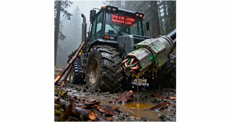 Forestry forwarder with J1939 network error and damaged Deutsch connector in rainy logging site