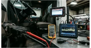 OBD-II connector with multimeter probes measuring ground offset voltage while a scan tool displays false ECU fault codes P0606 and P2138