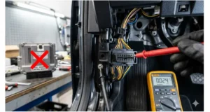 Digital multimeter measuring ground offset voltage at OBD2 J1962 DLC to prevent ECU misdiagnosis