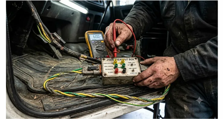 J1939 breakout kit in use with multimeter probes on CAN_H and CAN_L banana jacks to diagnose an intermittent heavy-duty truck communication fault