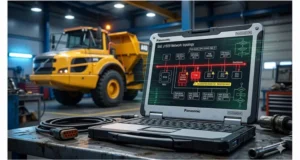 J1939 calibration fault troubleshooting flowchart on diagnostic laptop with dump truck in background
