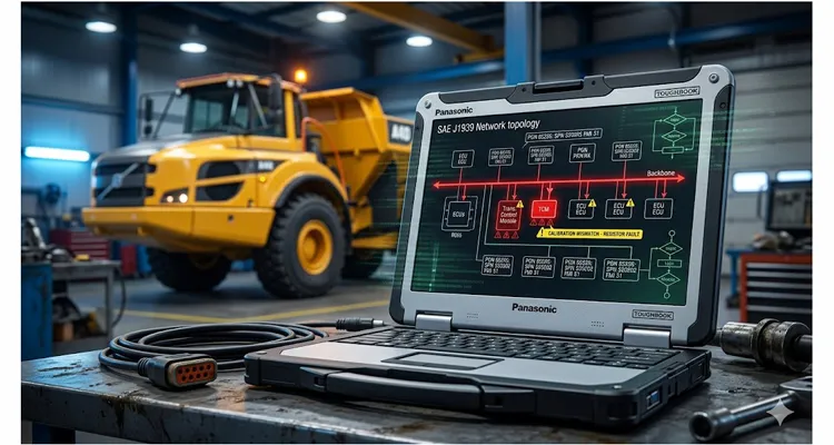 J1939 calibration fault troubleshooting flowchart on diagnostic laptop with dump truck in background