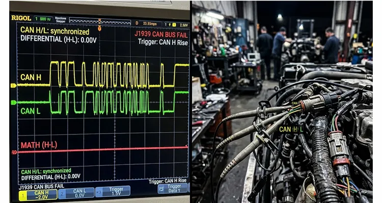 Oscilloscope showing J1939 CAN High and CAN Low waveforms moving together indicating common-mode voltage fault with flat differential math trace