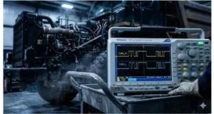 Oscilloscope screen showing CAN_H and CAN_L waveforms with a common mode voltage shift during J1939 diagnosis
