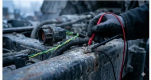 Multimeter probes measuring 0.3V ground offset on a corroded chassis ground stud of a J1939 backbone in a heavy truck
