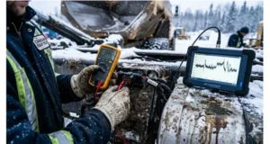 Measuring J1939 ground offset voltage between ECU ground pins with a multimeter on a heavy-duty truck diagnostic connector