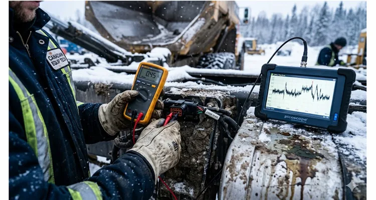 Measuring J1939 ground offset voltage between ECU ground pins with a multimeter on a heavy-duty truck diagnostic connector