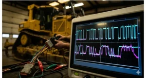 Oscilloscope screen showing healthy versus distorted J1939 CAN High and CAN Low differential waveform caused by a drifted termination resistor on heavy equipment