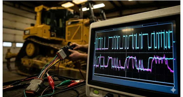 Oscilloscope screen showing healthy versus distorted J1939 CAN High and CAN Low differential waveform caused by a drifted termination resistor on heavy equipment