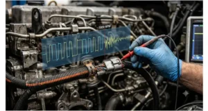 Oscilloscope diagnosing intermittent J1939 CAN bus open caused by engine vibration at 1800 RPM